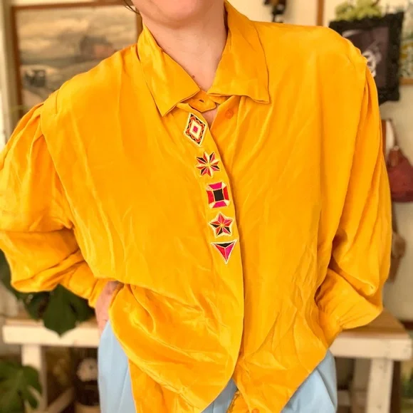 Vintage Silk Golden Rod Yellow Blouse With Embroidered Details Covered Buttons - Picture 7 of 7